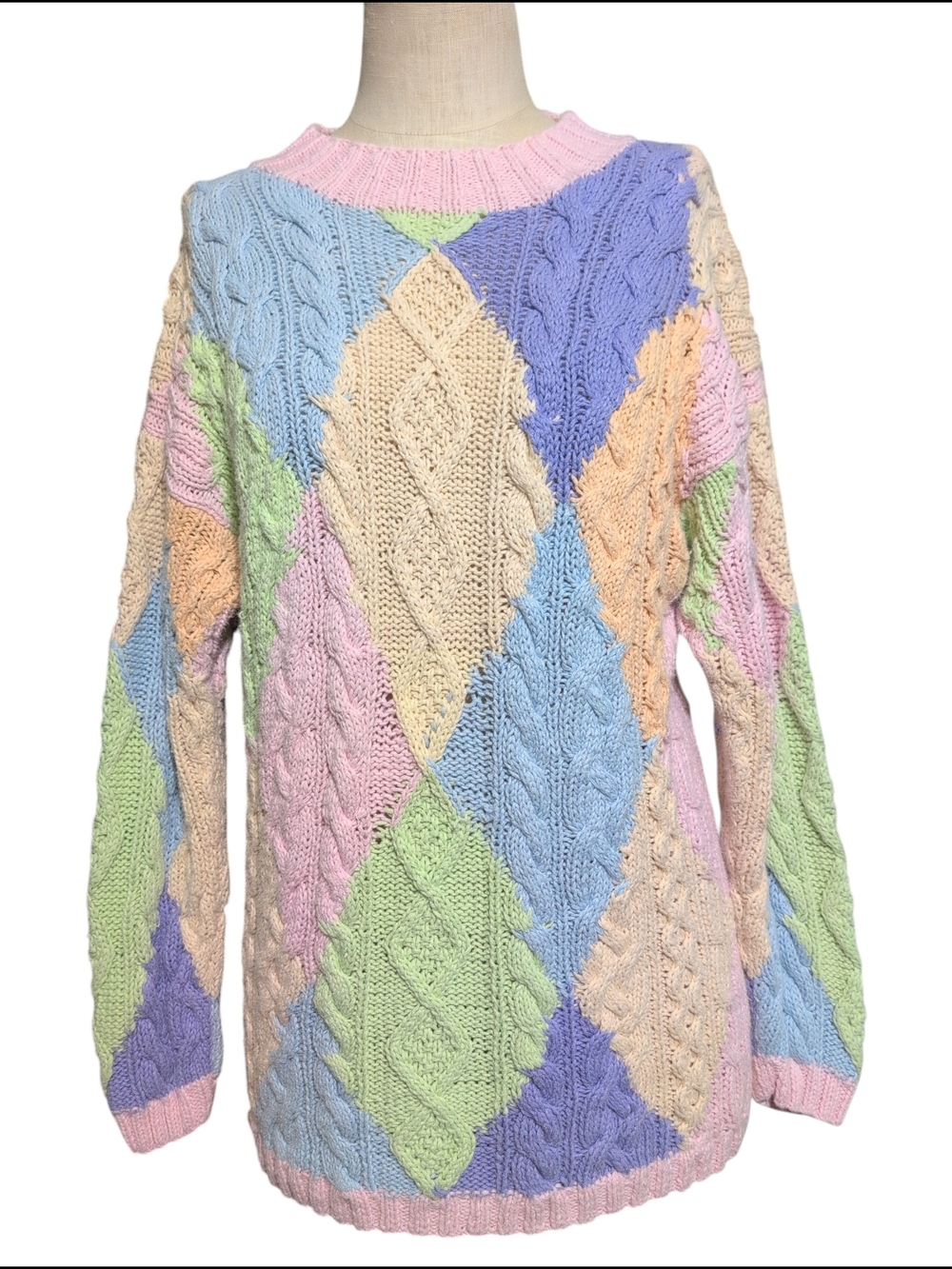Vintage OS International Pastel Cable Knit Chunky Diamond Sweater Colorful Large